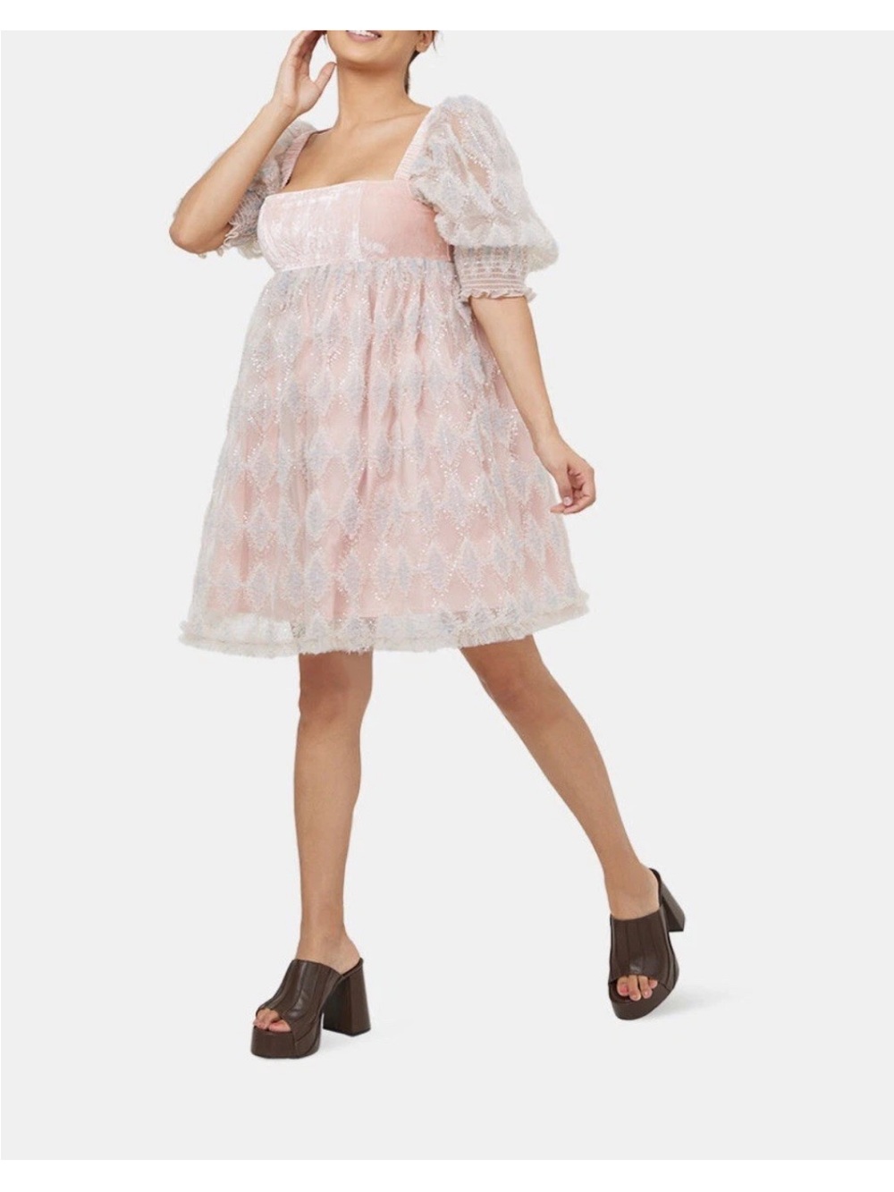 Manoush 🌹Blush Pink Puff-Sleeve Lace Babydoll Dress